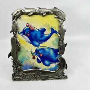 Vtg. Raj 2000 Picture Frame Metal Pewter Ocean Life~ Dolphins~Whales 8”